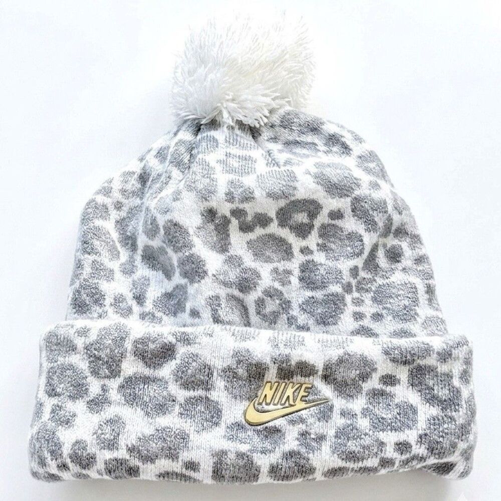 Nike Leopard Print Beanie Hat Pom Pom Gray White Cheetah Swoosh Knit Cap Womens